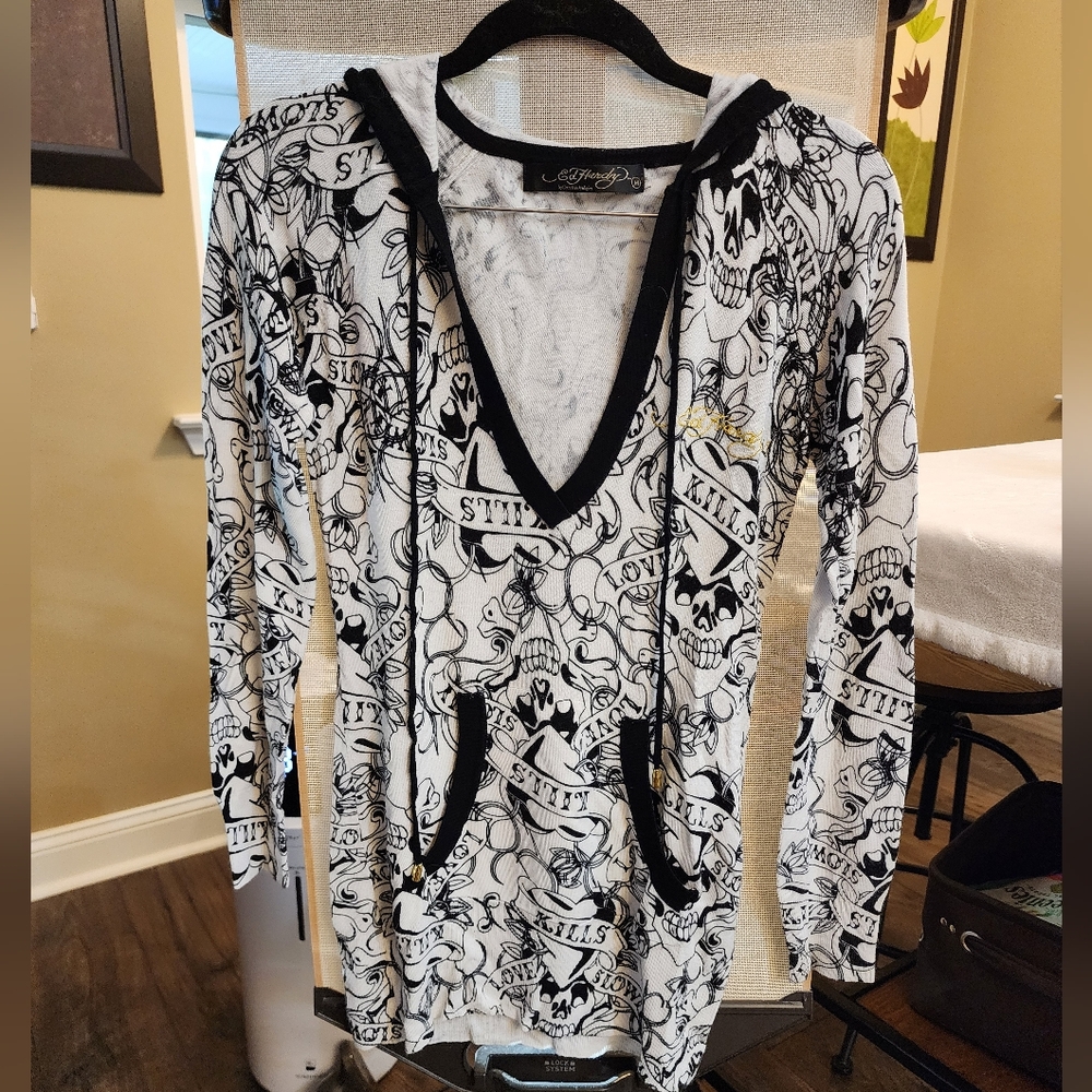 Ed Hardy Black/White Graphic Hoodie Sweater M